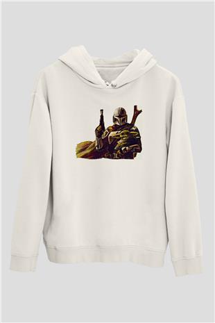 Mandolarian Baskılı Beyaz Unisex Hoodie