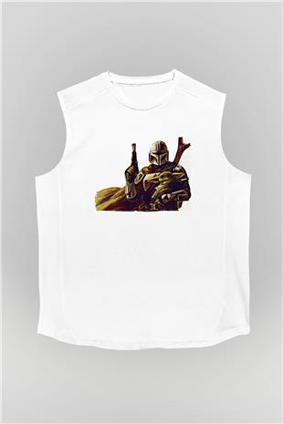 Mandolarian Baskılı Beyaz Unisex Kolsuz Tişört - Tshirt
