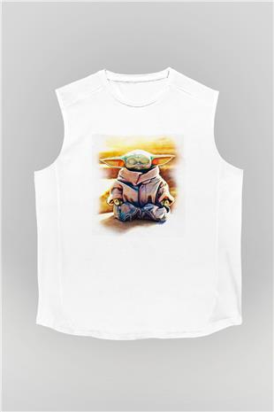 Mandolarian Baskılı Beyaz Unisex Kolsuz Tişört - Tshirt