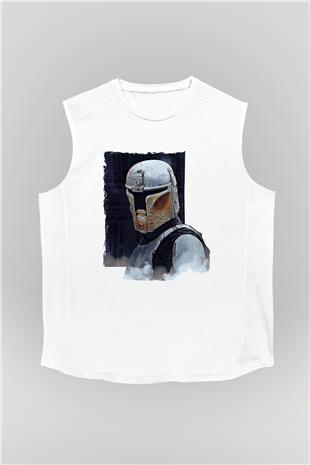Mandolarian Baskılı Beyaz Unisex Kolsuz Tişört - Tshirt