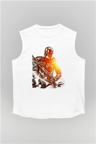 Mandolarian Baskılı Beyaz Unisex Kolsuz Tişört - Tshirt