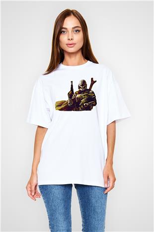 Mandolarian Baskılı Beyaz Unisex Oversize Tişört - Tshirt