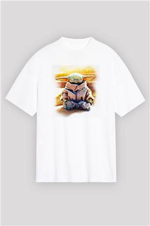 Mandolarian Baskılı Beyaz Unisex Oversize Tişört - Tshirt