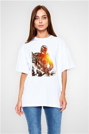 Mandolarian Baskılı Beyaz Unisex Oversize Tişört - Tshirt