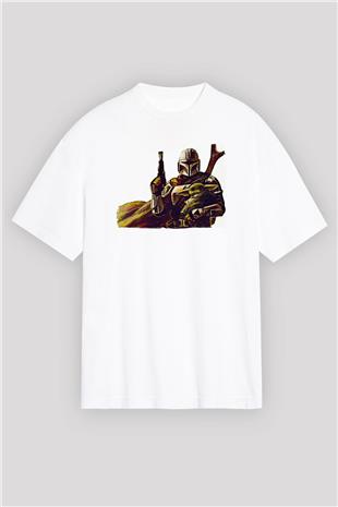 Mandolarian Baskılı Beyaz Unisex Oversize Tişört - Tshirt