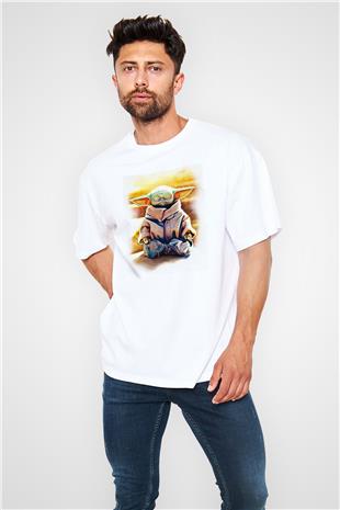 Mandolarian Baskılı Beyaz Unisex Oversize Tişört - Tshirt