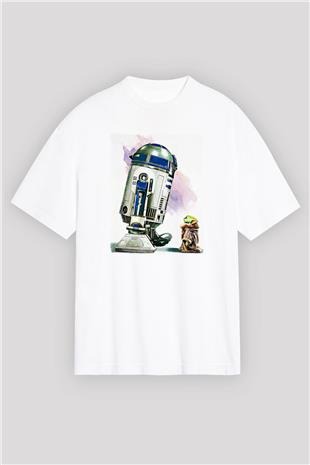 Mandolarian Baskılı Beyaz Unisex Oversize Tişört - Tshirt