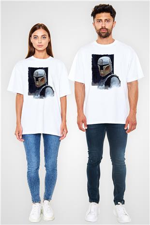 Mandolarian Baskılı Beyaz Unisex Oversize Tişört - Tshirt