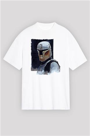 Mandolarian Baskılı Beyaz Unisex Oversize Tişört - Tshirt