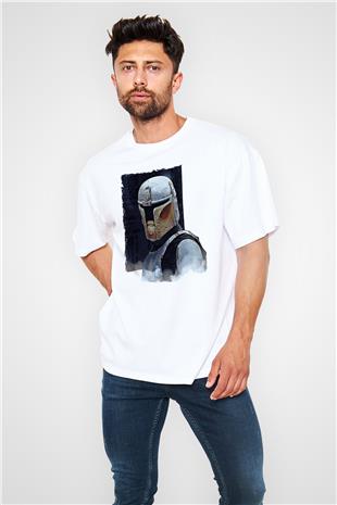 Mandolarian Baskılı Beyaz Unisex Oversize Tişört - Tshirt