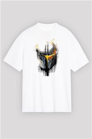 Mandolarian Baskılı Beyaz Unisex Oversize Tişört - Tshirt