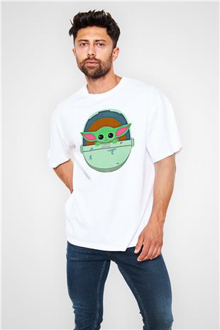 Mandolarian Baskılı Beyaz Unisex Oversize Tişört - Tshirt