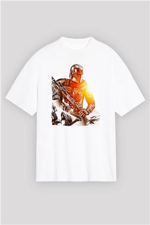 Mandolarian Baskılı Beyaz Unisex Oversize Tişört - Tshirt