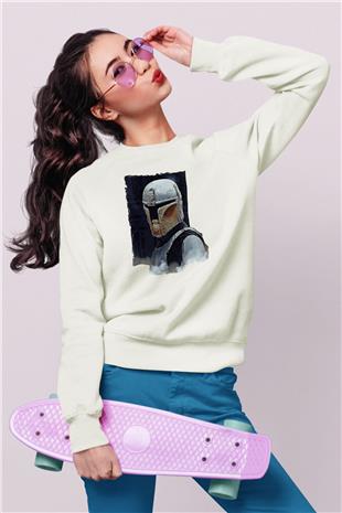 Mandolarian Baskılı Beyaz Unisex Sweatshirt