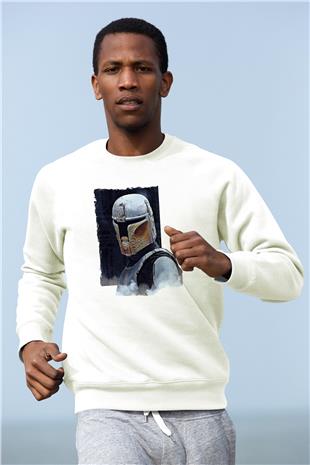 Mandolarian Baskılı Beyaz Unisex Sweatshirt