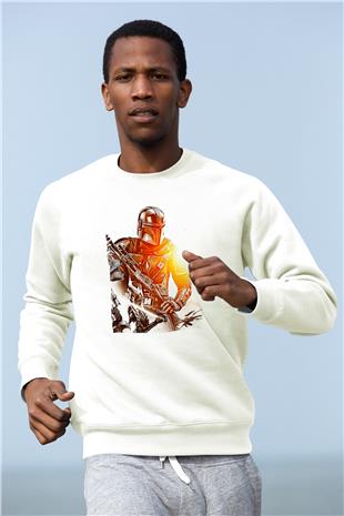 Mandolarian Baskılı Beyaz Unisex Sweatshirt
