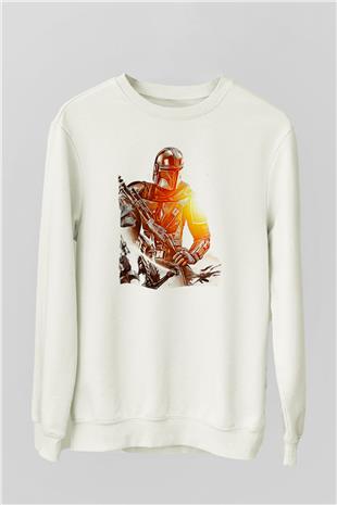 Mandolarian Baskılı Beyaz Unisex Sweatshirt