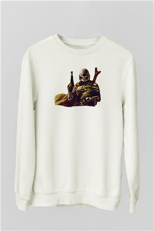 Mandolarian Baskılı Beyaz Unisex Sweatshirt