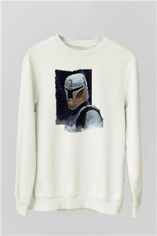 Mandolarian Baskılı Beyaz Unisex Sweatshirt
