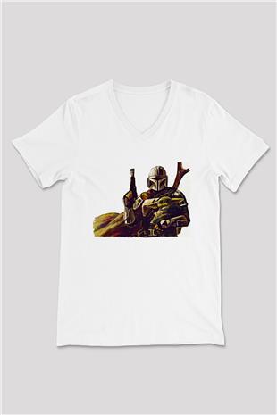 Mandolarian Baskılı Beyaz Unisex V Yaka Tişört - Tshirt