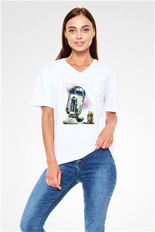 Mandolarian Baskılı Beyaz Unisex V Yaka Tişört - Tshirt