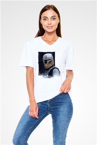 Mandolarian Baskılı Beyaz Unisex V Yaka Tişört - Tshirt