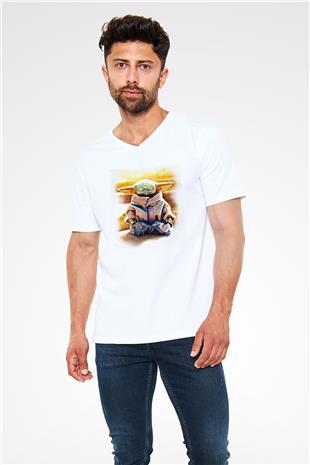Mandolarian Baskılı Beyaz Unisex V Yaka Tişört - Tshirt
