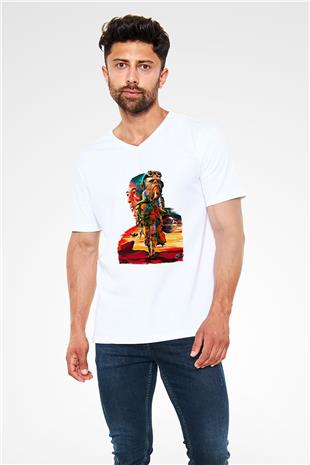 Mandolarian Baskılı Beyaz Unisex V Yaka Tişört - Tshirt