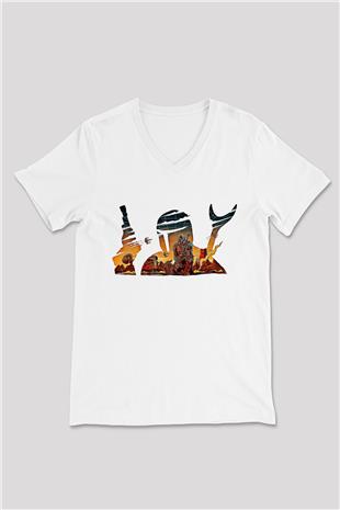 Mandolarian Baskılı Beyaz Unisex V Yaka Tişört - Tshirt