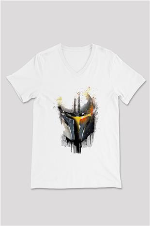 Mandolarian Baskılı Beyaz Unisex V Yaka Tişört - Tshirt