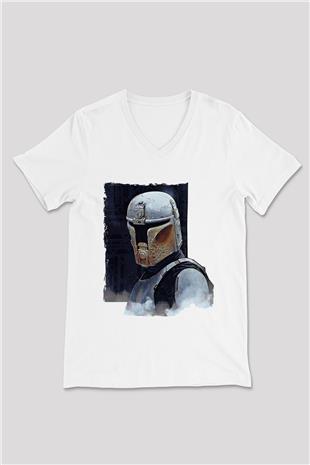 Mandolarian Baskılı Beyaz Unisex V Yaka Tişört - Tshirt