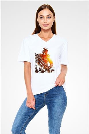 Mandolarian Baskılı Beyaz Unisex V Yaka Tişört - Tshirt