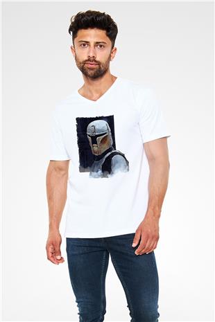 Mandolarian Baskılı Beyaz Unisex V Yaka Tişört - Tshirt