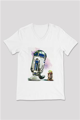 Mandolarian Baskılı Beyaz Unisex V Yaka Tişört - Tshirt