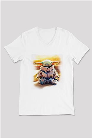 Mandolarian Baskılı Beyaz Unisex V Yaka Tişört - Tshirt