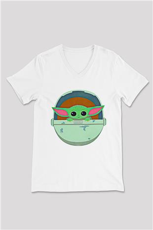 Mandolarian Baskılı Beyaz Unisex V Yaka Tişört - Tshirt