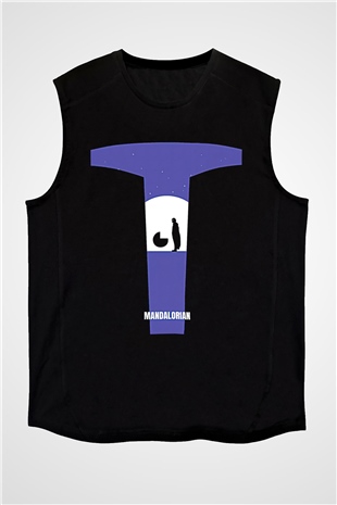 Mandolarian Baskılı Unisex Siyah Kolsuz Tişört - Tshirt