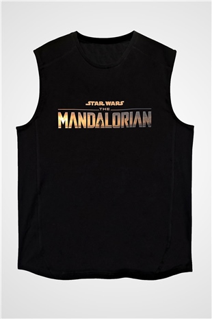 Mandolarian Baskılı Unisex Siyah Kolsuz Tişört - Tshirt