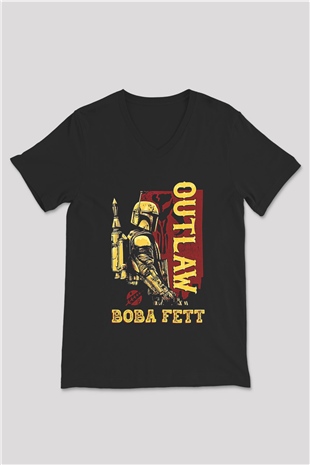 Mandolarian Baskılı Unisex Siyah V Yaka Tişört - Tshirt