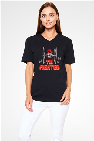 Mandolarian Baskılı Unisex Siyah V Yaka Tişört - Tshirt