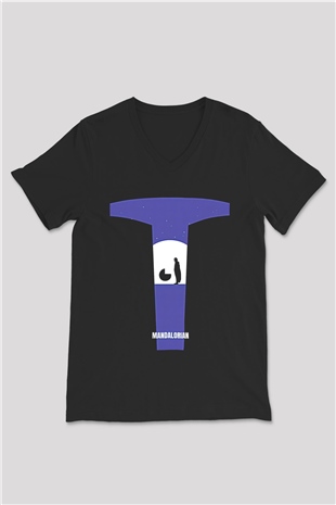Mandolarian Baskılı Unisex Siyah V Yaka Tişört - Tshirt