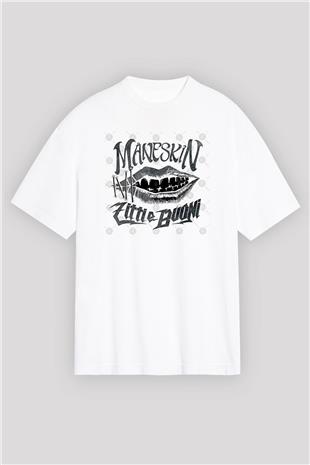 Maneskin Baskılı Beyaz Unisex Oversize Tişört - Tshirt