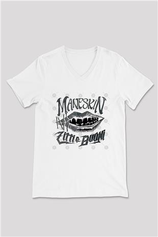 Maneskin Baskılı Beyaz Unisex V Yaka Tişört - Tshirt