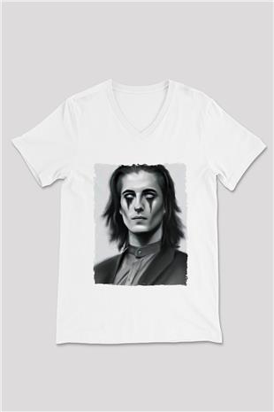 Maneskin Baskılı Beyaz Unisex V Yaka Tişört - Tshirt