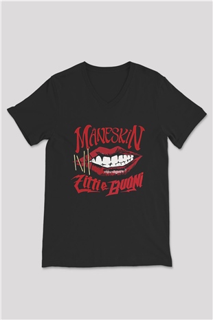 Maneskin Baskılı Unisex Siyah V Yaka Tişört - Tshirt