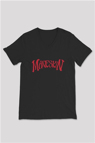 Maneskin Baskılı Unisex Siyah V Yaka Tişört - Tshirt