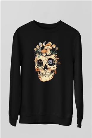 Mantar Kurukafa Baskılı Unisex Siyah  Sweatshirt