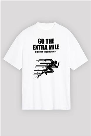 Maraton Baskılı Unisex Beyaz Oversize Tişört - Tshirt