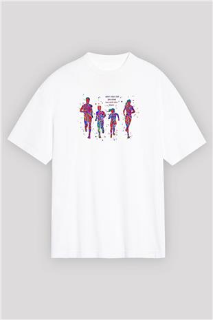 Maraton Baskılı Unisex Beyaz Oversize Tişört - Tshirt