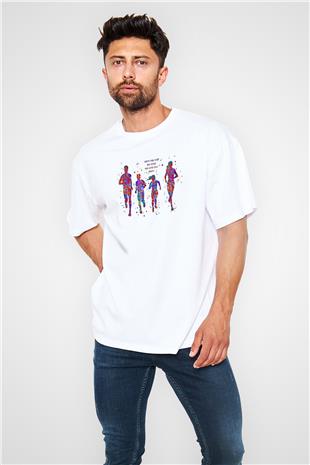 Maraton Baskılı Unisex Beyaz Oversize Tişört - Tshirt